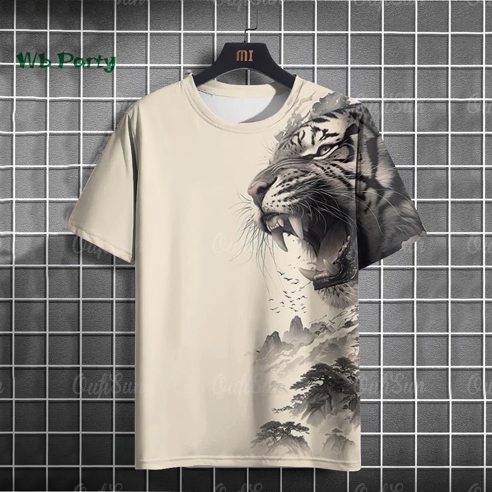 Summer Round Neck 3D Fierce Tiger Print Top Fashionable Casual Short Sleeved Men's T-shirts