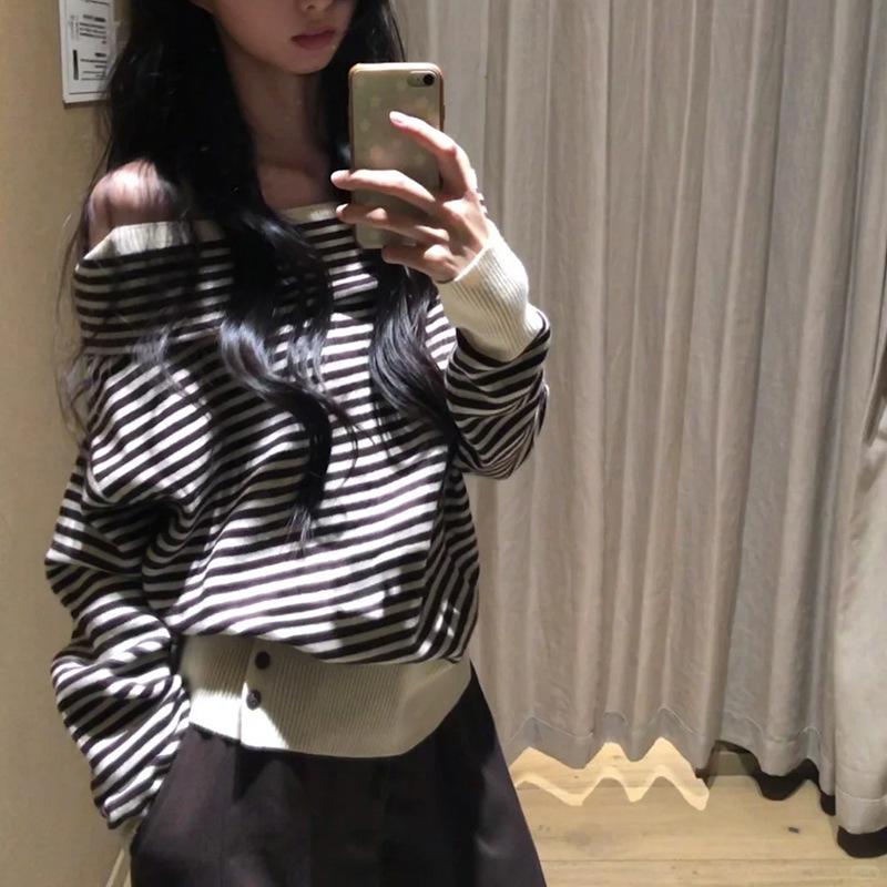 Korean Casual Retro One-Shoulder Striped Knitted Sweater for Women - Early Autumn 2025 Collection