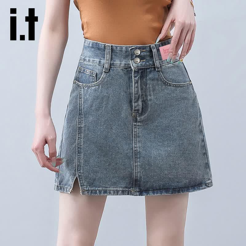 Izzue IT Women s Anti-Exposure High-Waisted A-Line Denim Skirt L