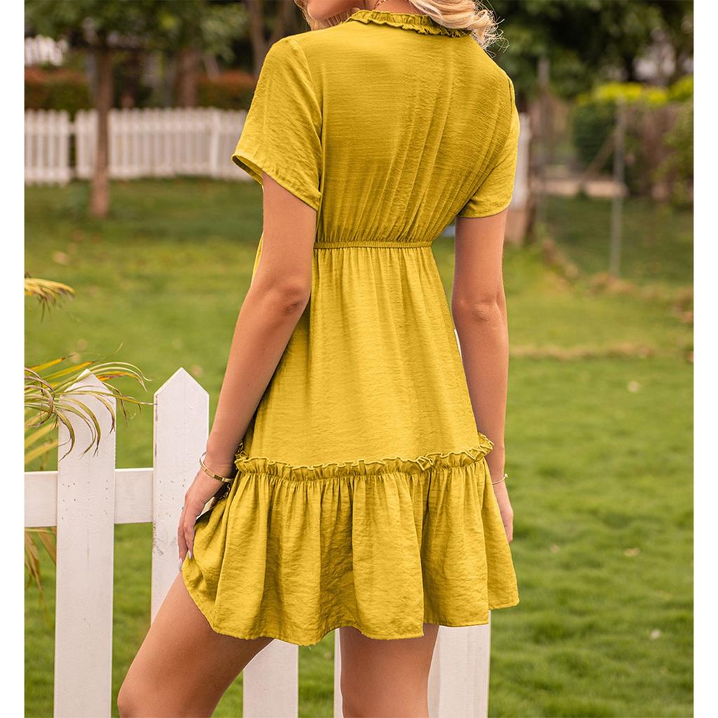 Women's Fashionable Temperament Solid Color V-neck Short Sleeved Dress