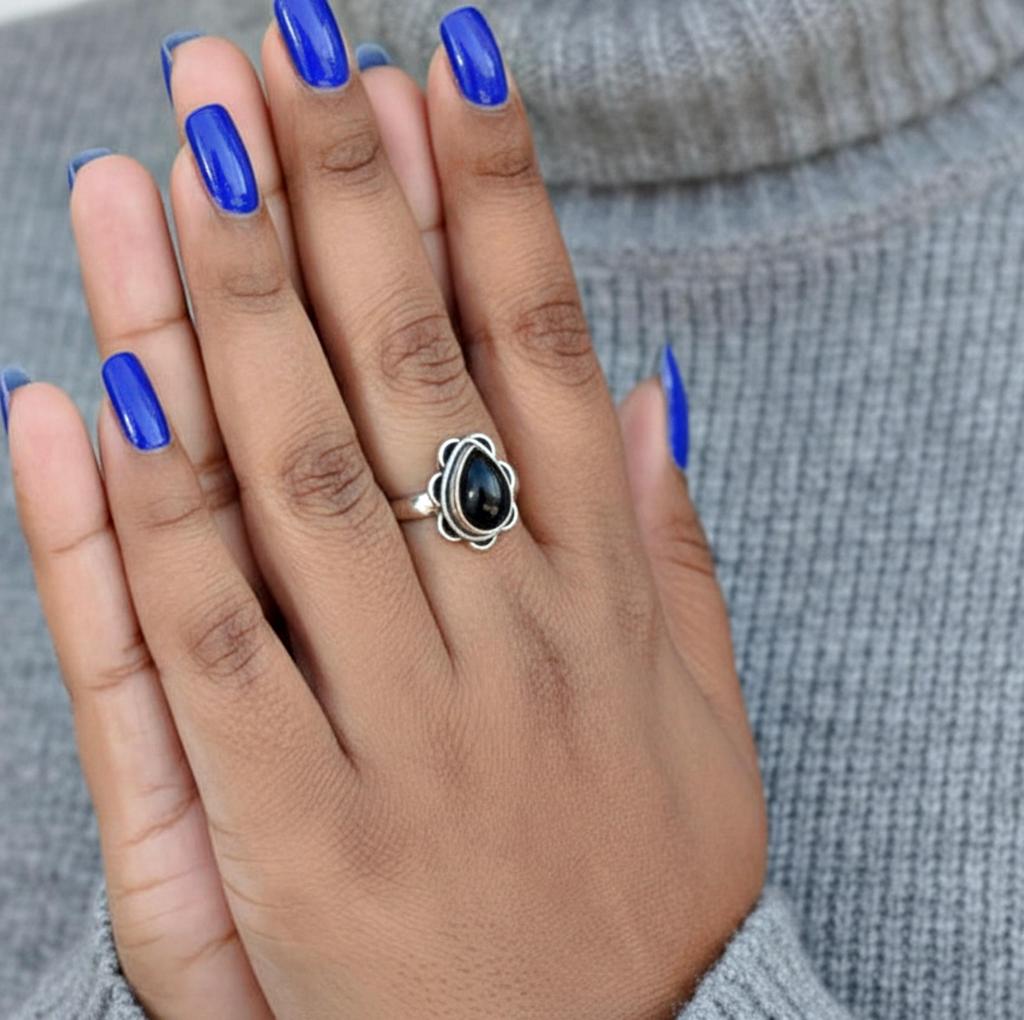 Black Onyx Flower Statement Ring, 925 Sterling Silver, Pear Cut Onyx Jewelry, Minimalist Boho Ring