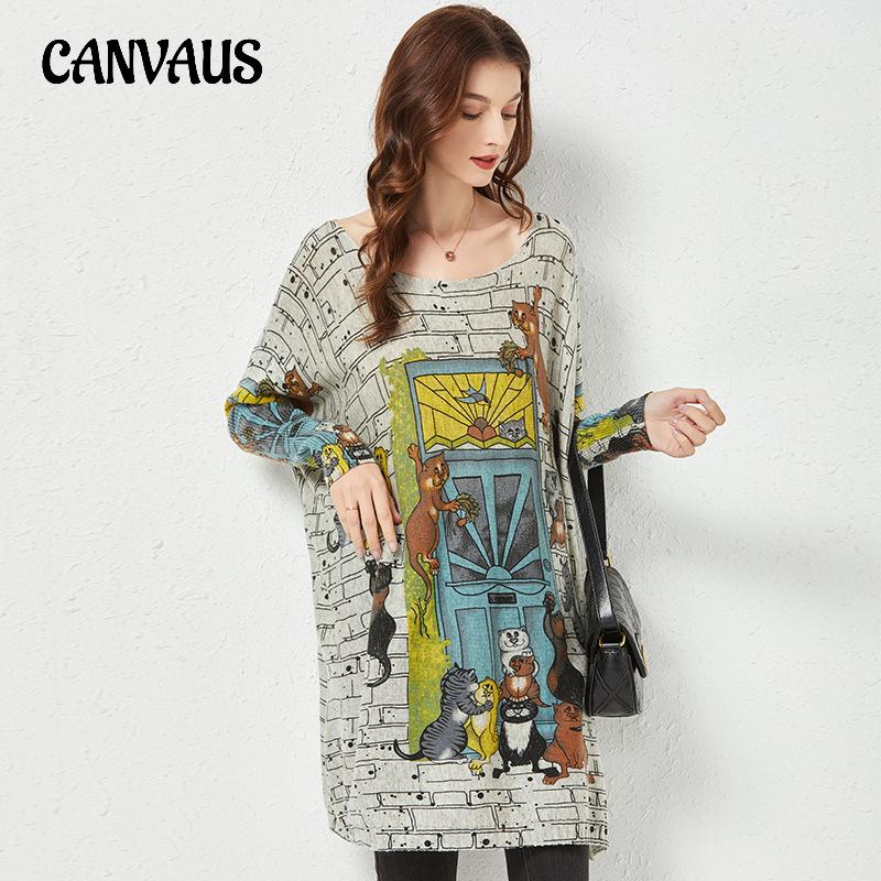Spring and Autumn Women's Knitted Dress Cartoon Printed Sweater Loose Lazy Wind Temperament Top Medium Long Bottom Large Size Knitwear