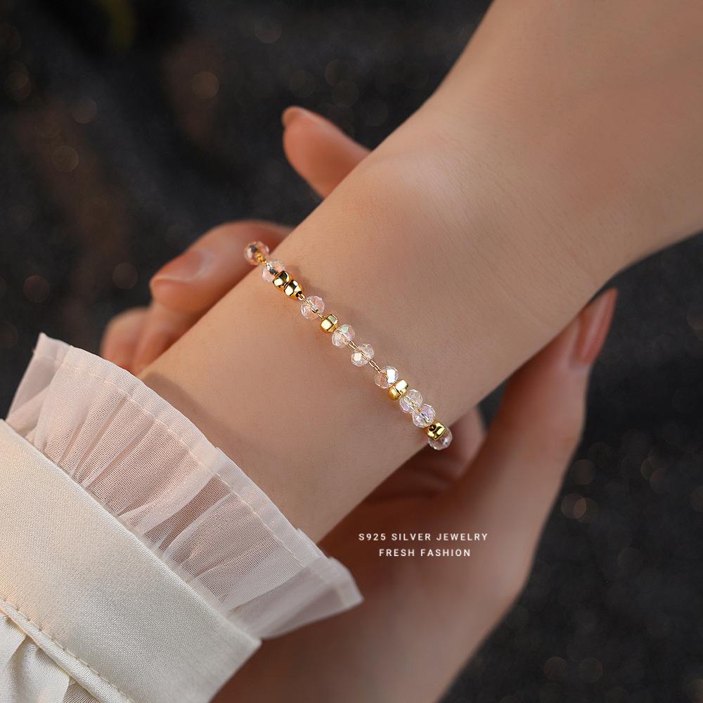 

925 Sterling Silver Irregular Colorful Bead Bracelet for Women Korean Fashion Sweet Gift Jewelry Accessories 19cm золотий