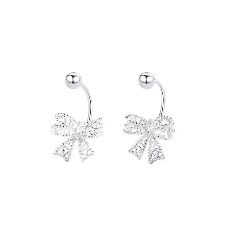 Vintage Silver Color Lace Heart Hollow Bow Screw Buckle Puncture Stud Earrings for Women Fine Jewelry Minimalist Accessories