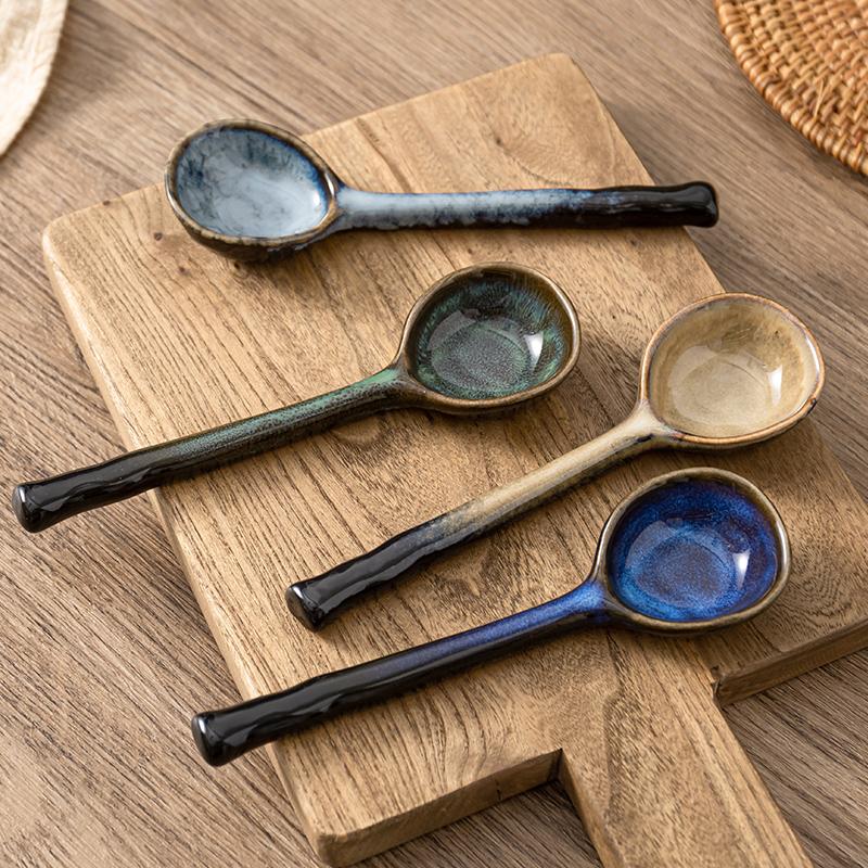 Household Japanese Ceramic Soup Spoon Long Handle Round Head Soup Ladle Congee Spoon Irregular Spoon
