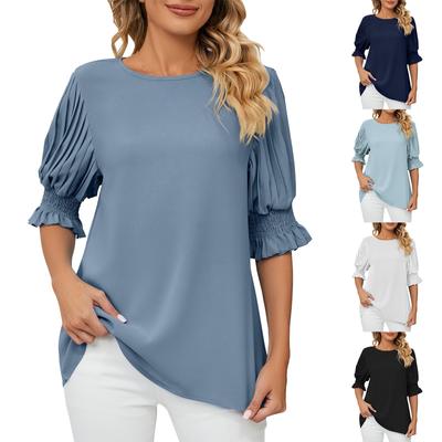 Women's Fashion Solid Colour Round Neck Ruffle Princess Sleeve Loose Chiffon Top