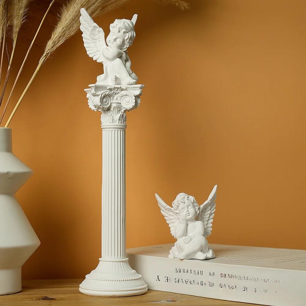 Resin Angel Figurines with Roman Column Cherubs Statue Wings Sleeping Thinking Angle for Home Room Desktop Office Decoration