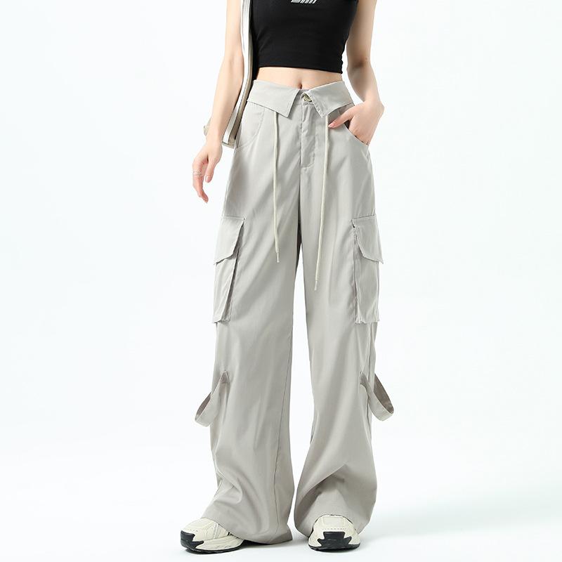 Vintage High Street Wide-leg Overalls Women's Spring New High-waisted Waist-turned Design Sports Casual Pants