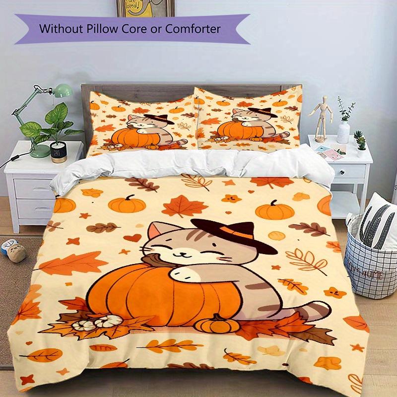3pcs Halloween Cat Bedding Set, Suitable for Bedroom Decoration, (Includes 1 Duvet Cover And 2 Pillowcases, Quilt Not Included) yy250822187