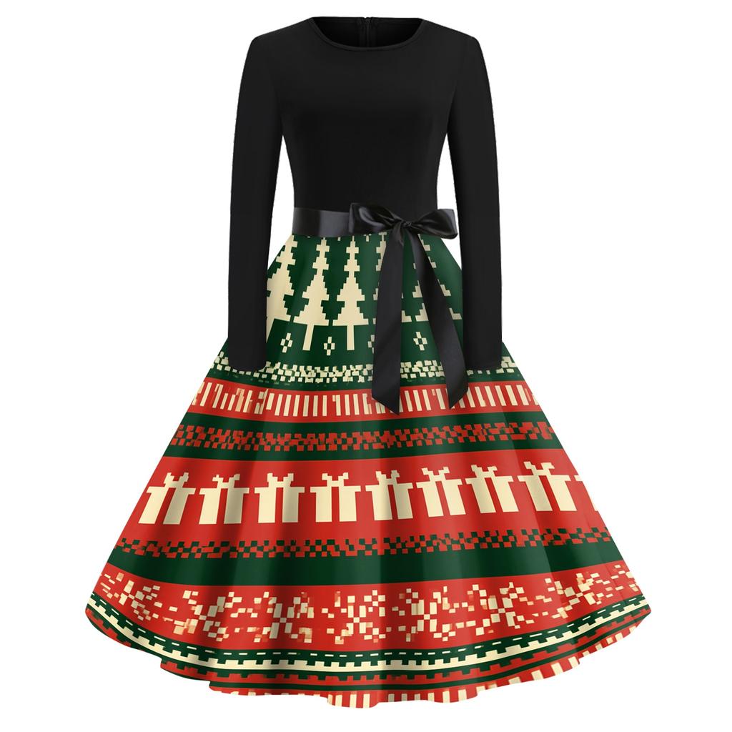 Women's Vintage V-Neck Christmas Print Casual Dress for Holiday Party
