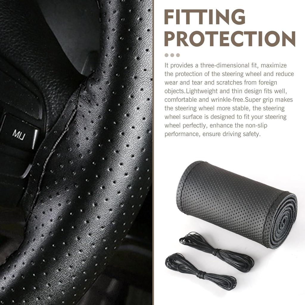 Leather Steering Wheel Cover, 15 Inch Hand Sewing Steering Wheel Wrap, Anti Slip Car Steering Wheel Protector Covers, DIY Sewing with Needle Thread,
