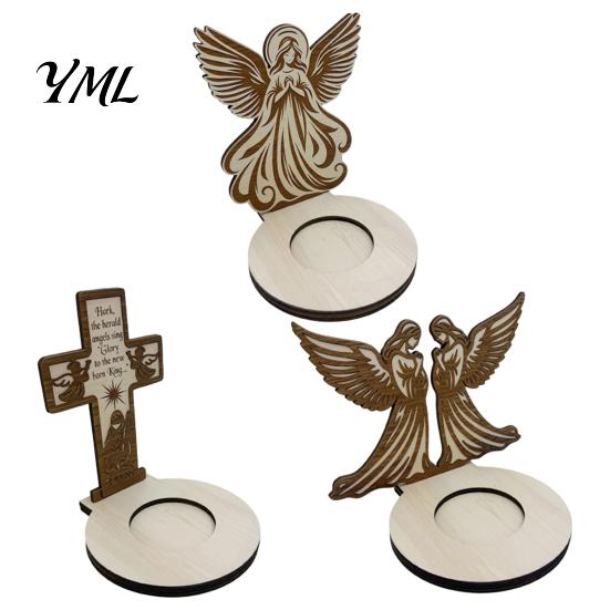 Stable Wooden Base Candle Holder, Praying Angel Tabletop Tealight Stand, Religious Poplar Plywood Ornaments Decorative Candlestick for Mantel, Dining