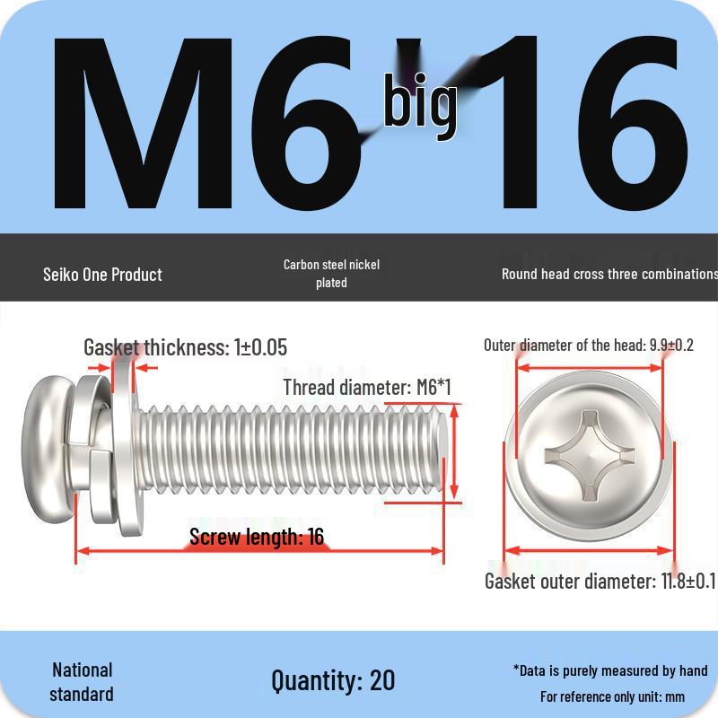 Nickel-Plated Phillips Pan Head Screw with Washer, M2-M6 Thread