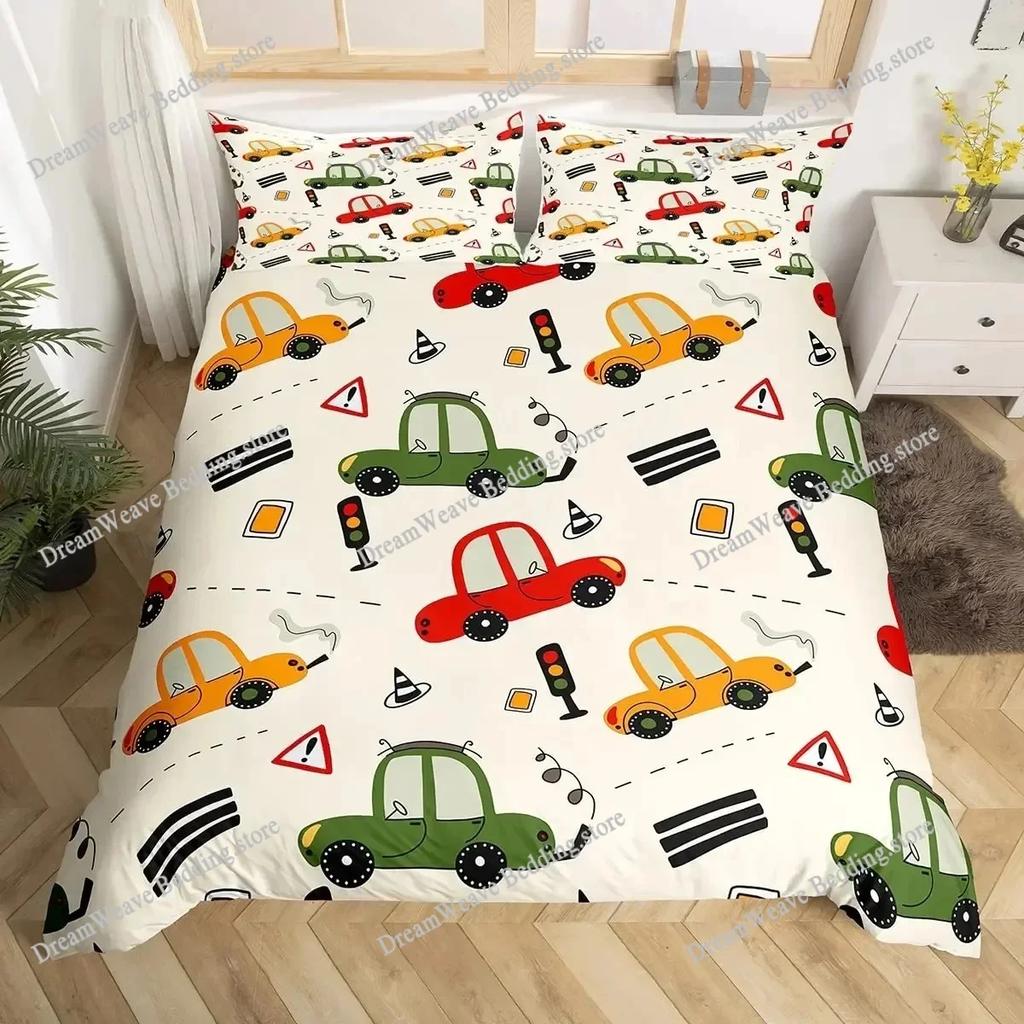 Cartoon Auto Bettbezug Kinder Stadtverkehr Straßenkarte Bettwäscheset für Jungenzimmer Dekor, Geometrische Linien Straßenauto Bettdeckenbezug