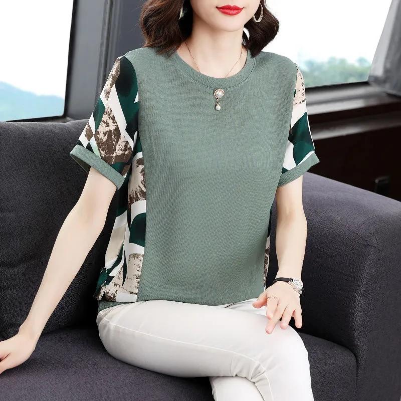 

Summer Plus Size Women s Round Neck Casual Spliced Short Sleeved T-shirt with Print 4XL зелений