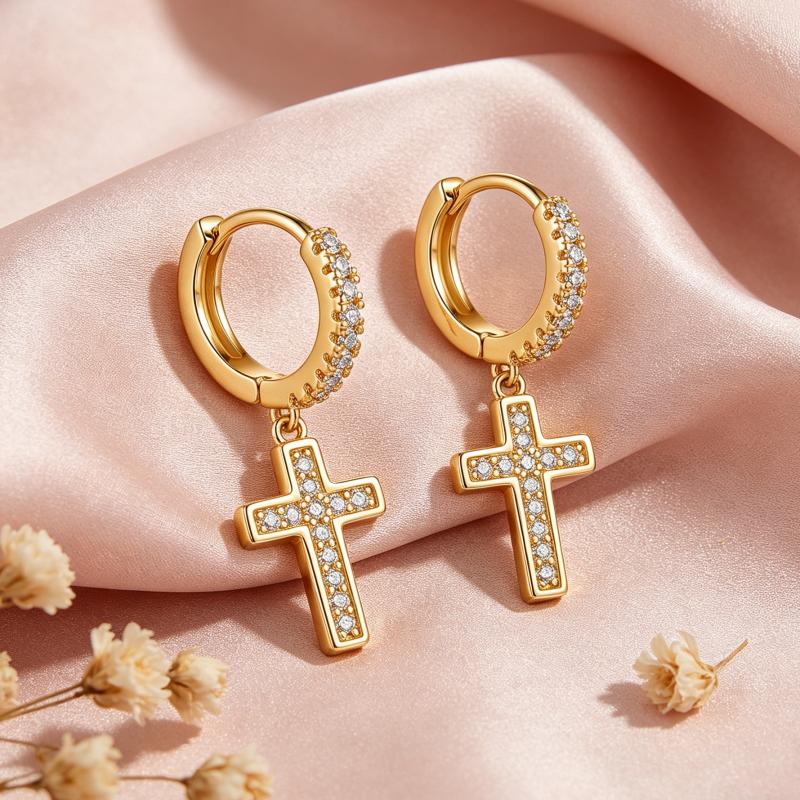 sliver Cubic Zirconia Cross Huggie Hoop Earrings for Women Sparkly Crystal Dangle Drop Earrings Punk Gothic Fashion Jewelry