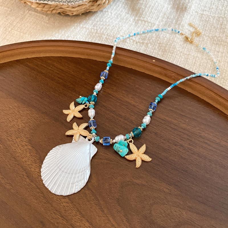 Summer seaside starfish crystal beads beaded fringed necklace ear hook set dopamine sweet vacation style jewelry women