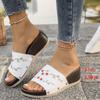 Summer new large size women's slippers slope heel thick bottom embroidered flowers word beach sandals