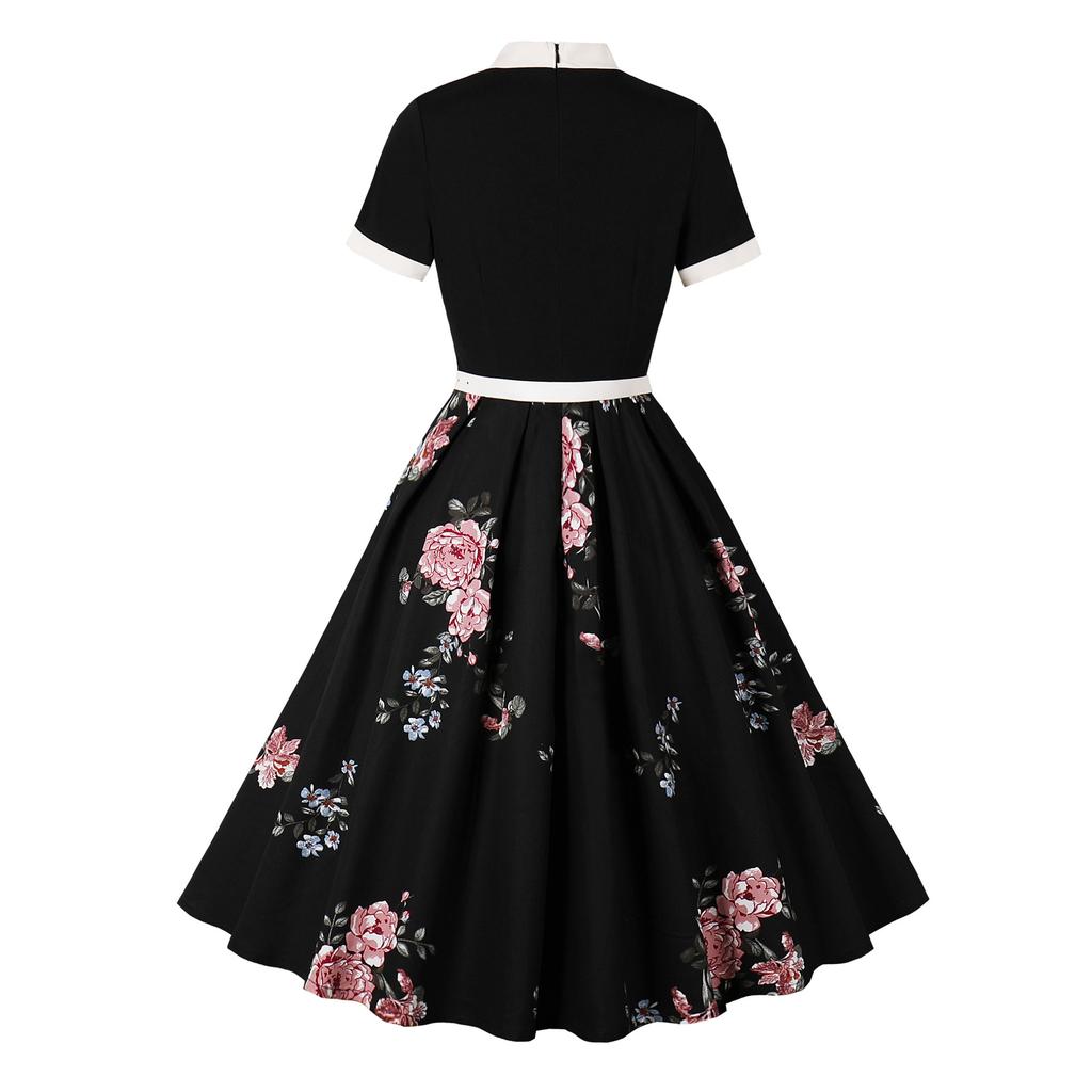 Women's Fashionable Retro Hepburn-Print Floral Polka Dot Bow Dress For Summer