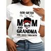 European Size Women'S Casual Crew Neck T-Shirt with "God Gifted Me Two Titles Mom and Grandma" Letter Print, 100% Polyester Knit Fabric