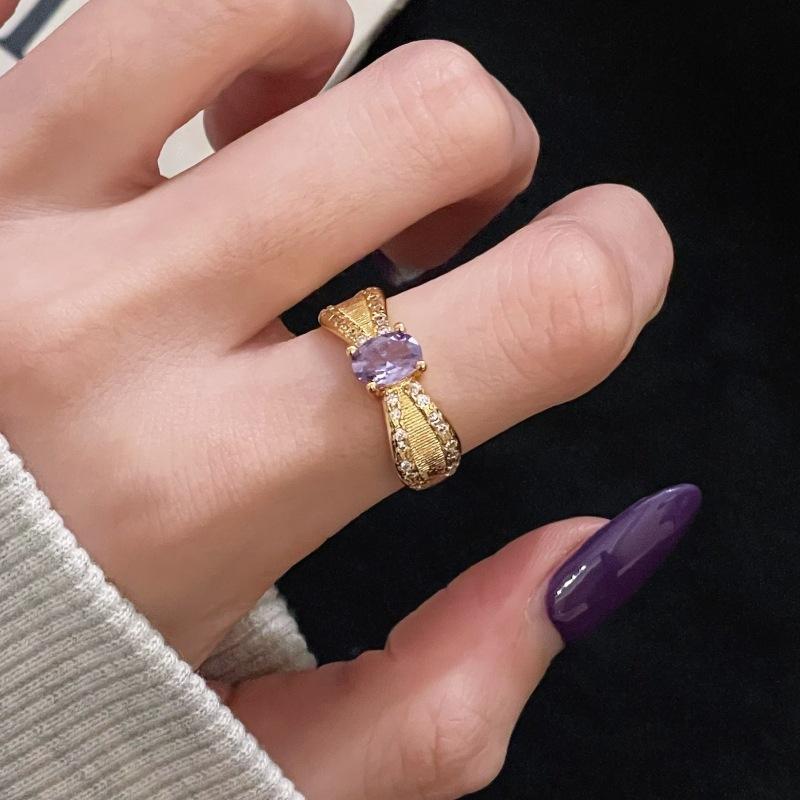 Retro Purple Diamond Colored Treasure Zircon Medieval Brushed Open Ring Gold Light Luxury High-End Niche Accessories Women