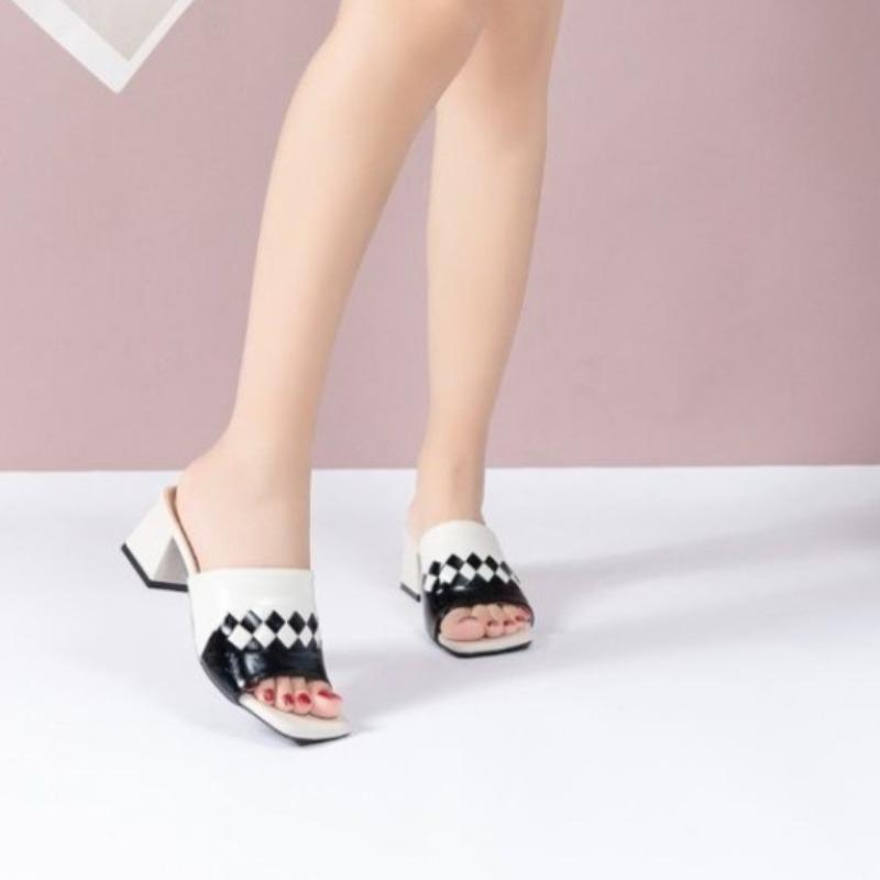 Summer Cool Drag Women Wear Color Block Square Toe Open Toe Non-slip Wear-resistant Block Heel Slip Slippers