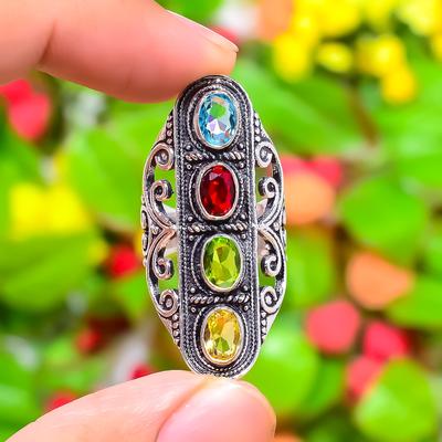 Natural Peridot, Citrine Gemstone 925 Sterling Silver Gift Ring Size 6 N0c44