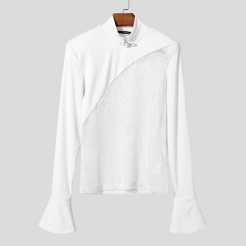 INCERUN Men Mockneck Long Sleeve Webbing Patchwork Fitted Casual Undershirts T-shirts