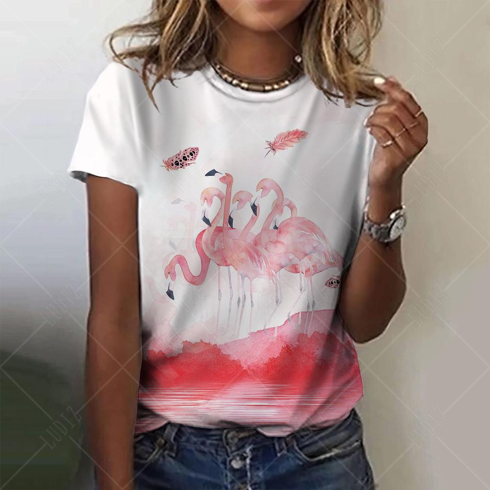 

Модная женская футболка с 3D-принтом фламенко и короткими рукавами, летняя одежда большого размера из полиэфирного волокна 8XL