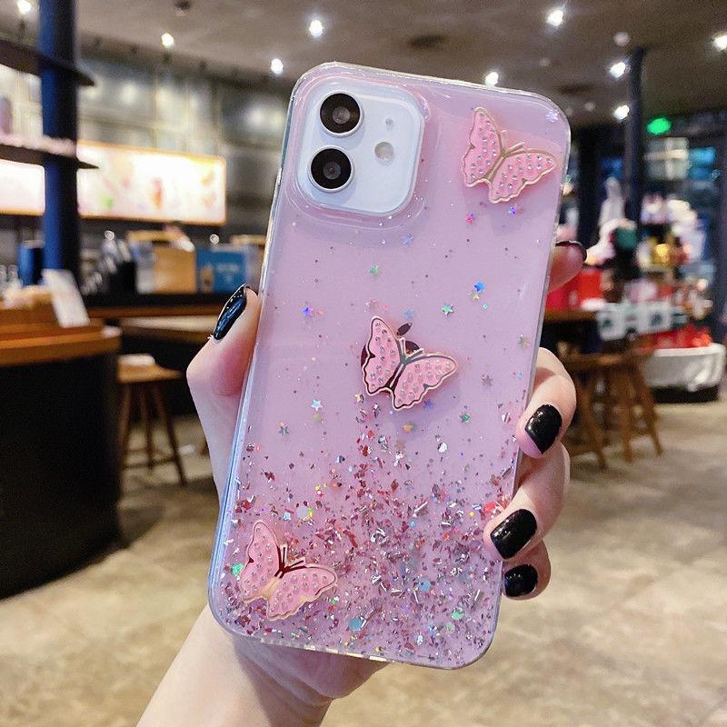 For iPhone 11 Case TPU Phone Protective Cover Sequins Epoxy Butterfly Design