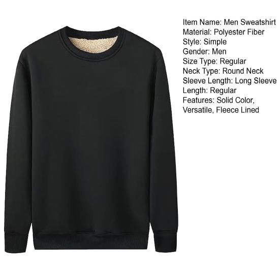Men Fleece Lined Sweatshirt Long Sleeve Round Neck Thickened Pullover Warm Fall Winter Casual Sweatshirt for Street Work Daily Errands