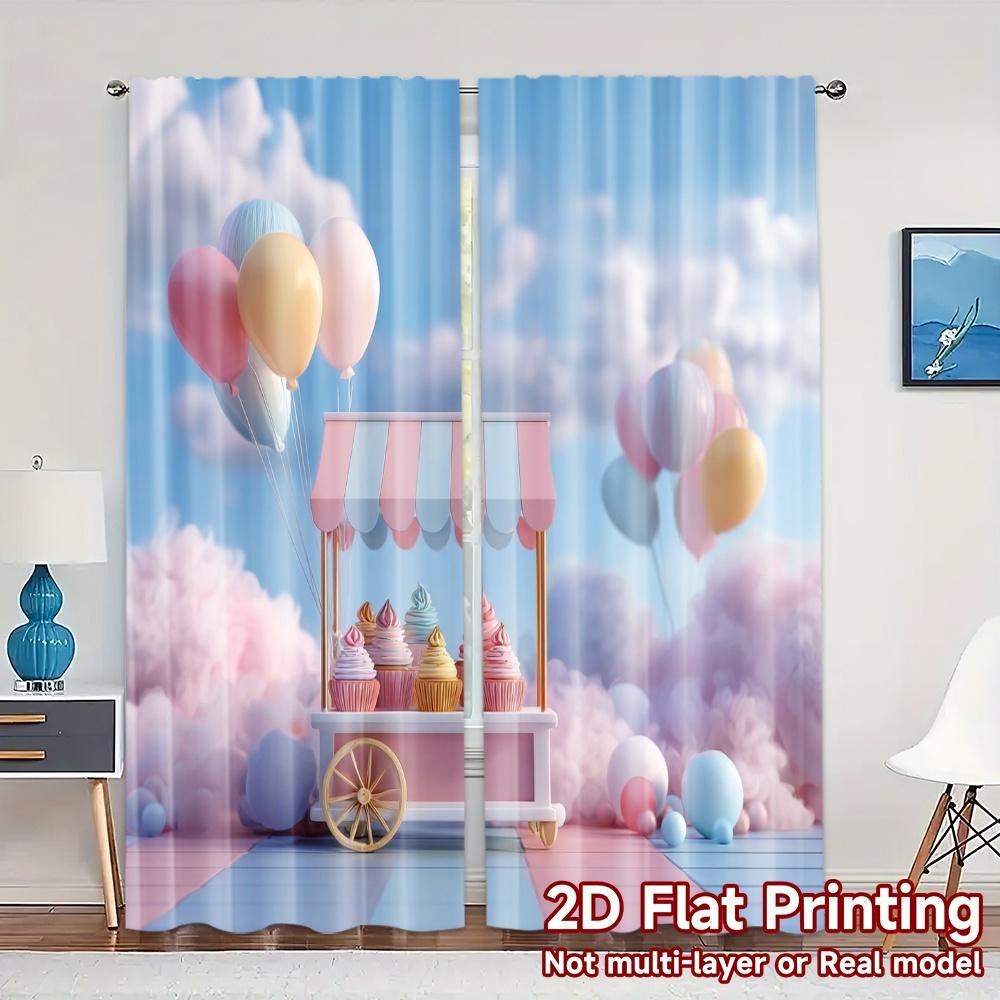 2pcs, 2D FLAT PRINTING Curtains (Without Rod) Sweet Carnival Cart Popular Creative Curtains Polyester Curtains Thermal