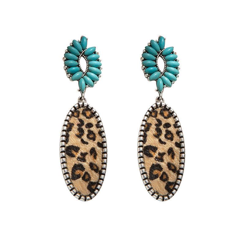 Oval Leopard Print Turquoise Earrings High-End Bohemian Earrings Women'S Fashion Heavy Industry Ear Jewelry