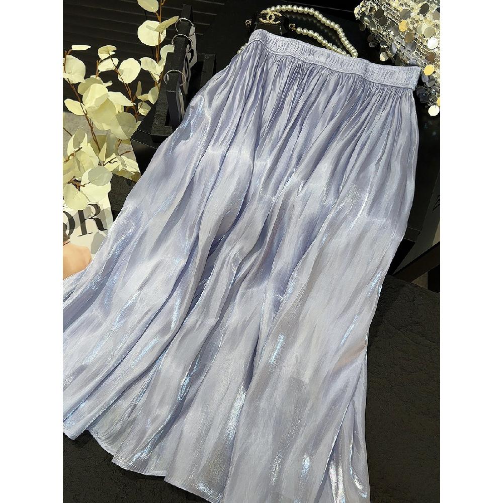 Retro Style Fashionable Pleated Drooping Slimming High Waist A- Line Skirt High-Grade Glossy Pearlescent Chiffon Pleated Skirt