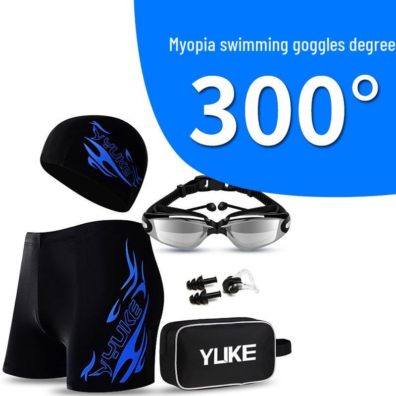 Men's Plus Size Swim Trunks with Flat Leg and Swim Gear Set (Includes Goggles and Cap)