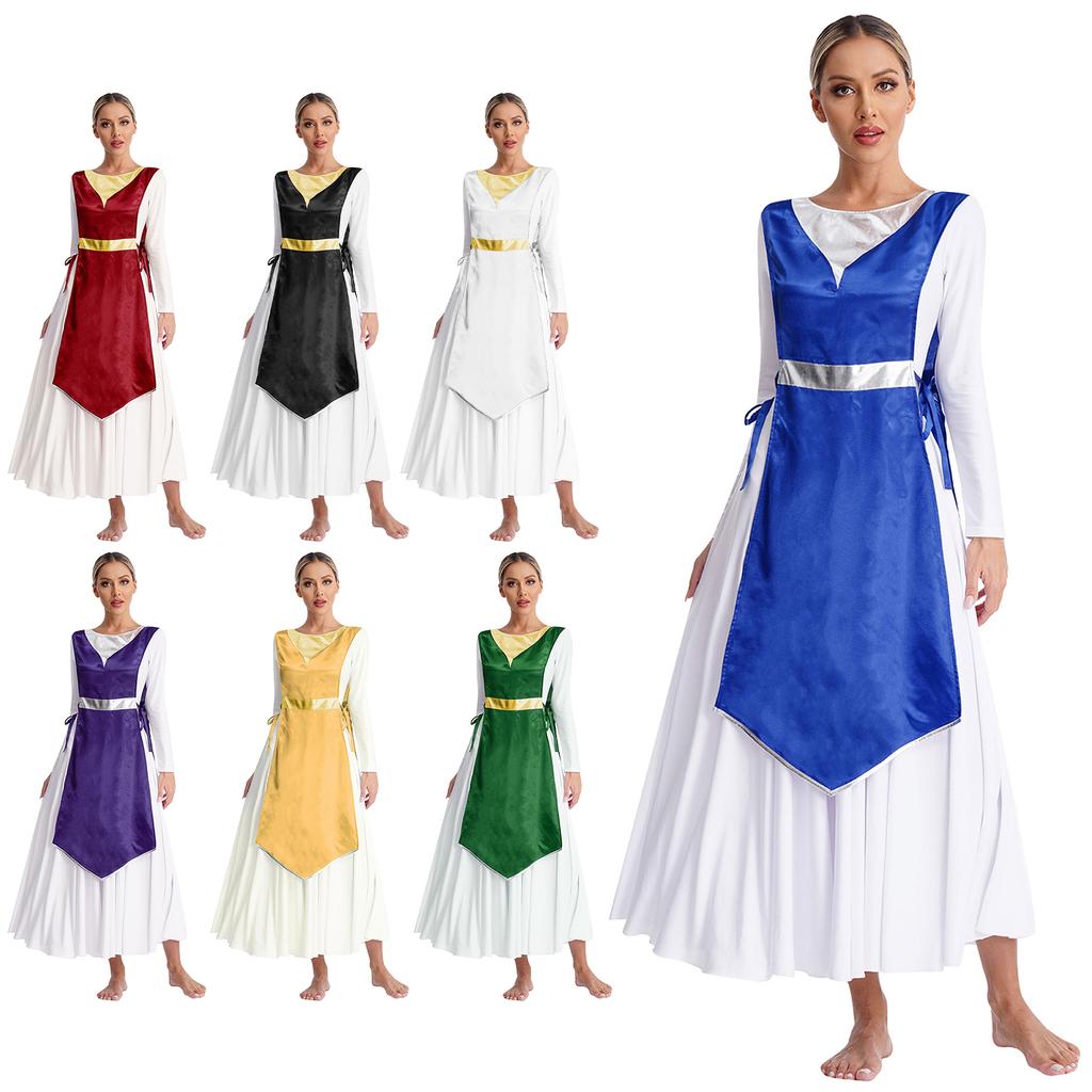 Women Church Worship Robe Choir Performance Tunic Metallic Patchwork Lace Up Sides Split Satin Dress