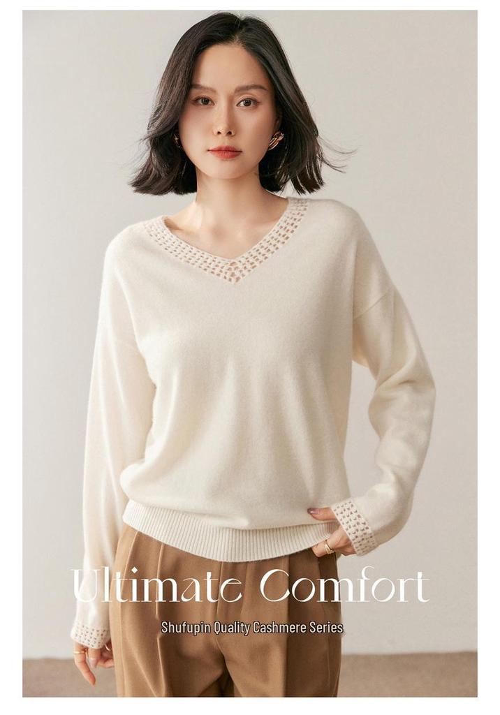 Women's V-Neck Hand-Crocheted Cashmere Sweater - Loose Knit Solid Color for 2026 Autumn/Winter.