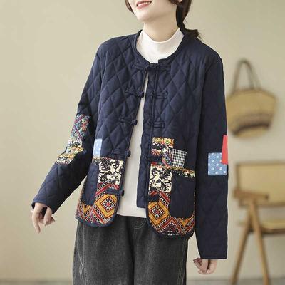 Women Casual Quilted Jackets Arrival Autumn Winter Vintage Style O-neck Print Loose Female Thick Outerwear Coats Plus Size