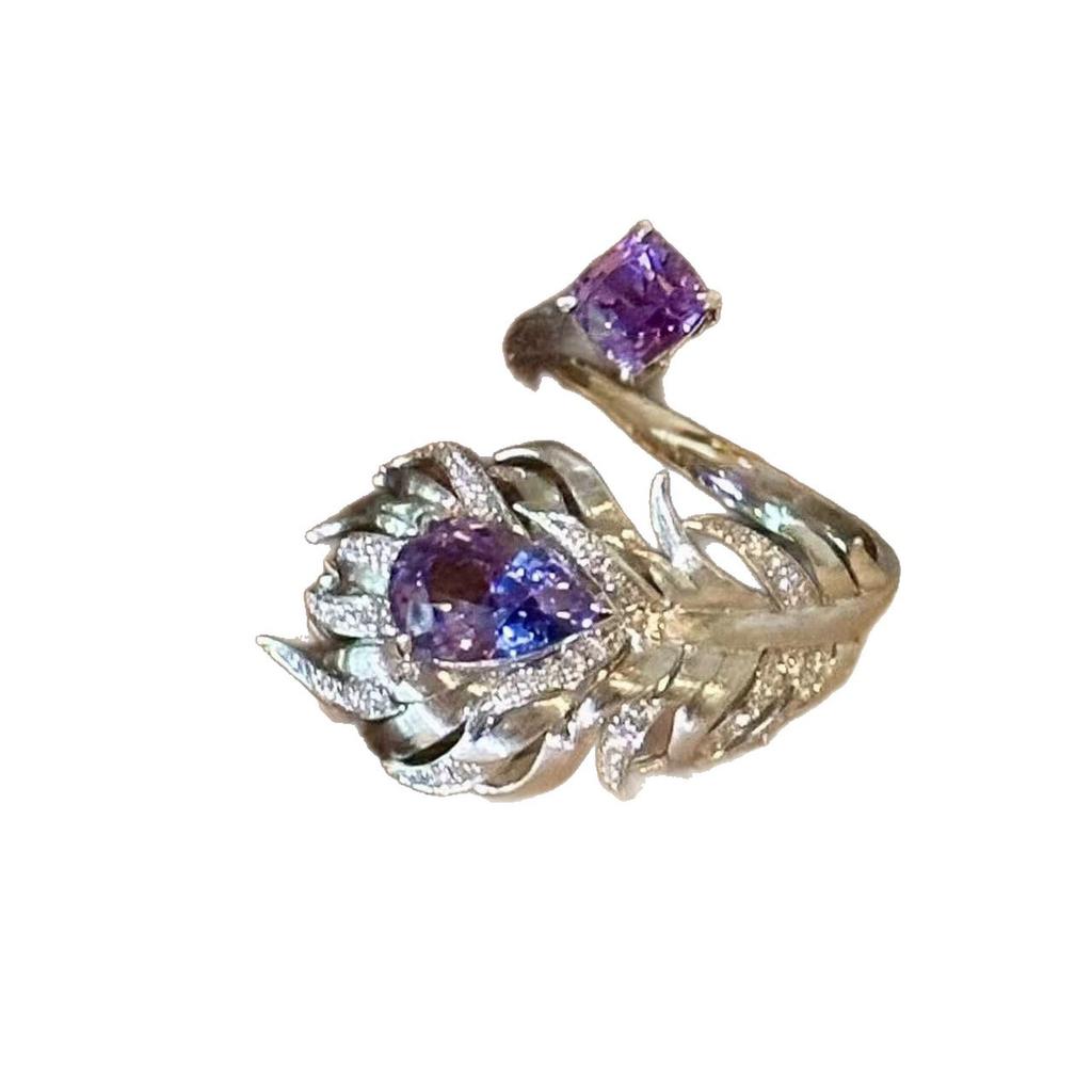 French Light Luxury Purple Flash Diamond Wing Silver Silk Opening Ring Women's Niche Personality Design Advanced Sense Index Finger Ring