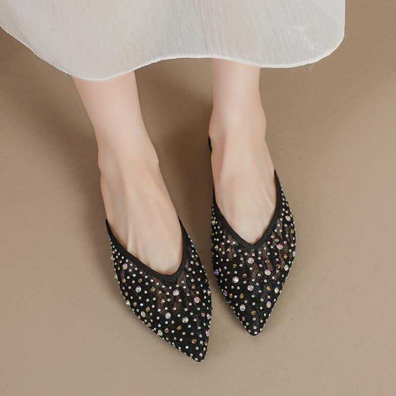 Fashion Pointed Toe Women Lace Slippers Crystal Beading Slides Summer Shoes Woman Embroider Mesh Sandalias Mujer Pantuflas Big Size 43