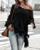 Women'S Elegant Off-Shoulder Fringe Sweater - Long Sleeve, Asymmetrical Hem, Solid Color,   Cute Sweaters