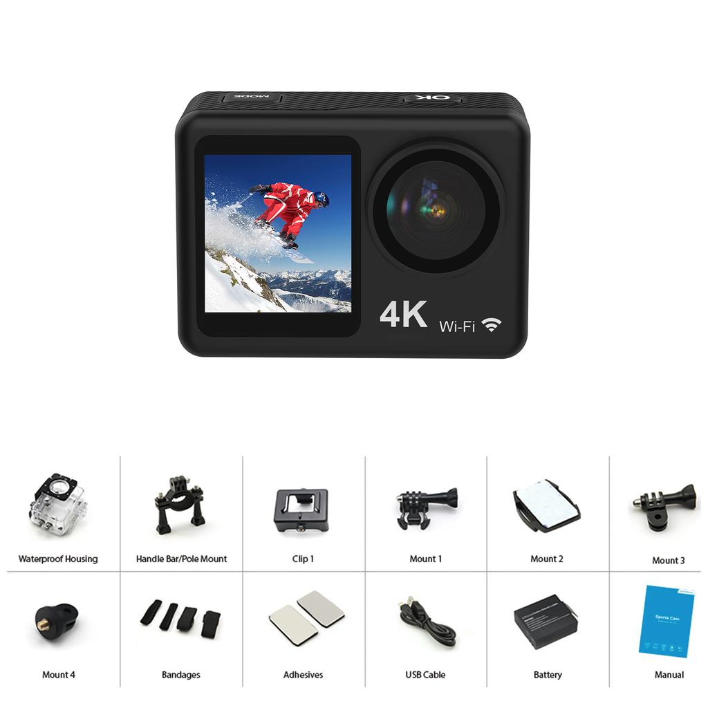 4K 30FPS Action Camera 16MP WiFi Sports Camera 160 degrees Wide Angle Lens Dual Screen 30M 98ft Waterproof with