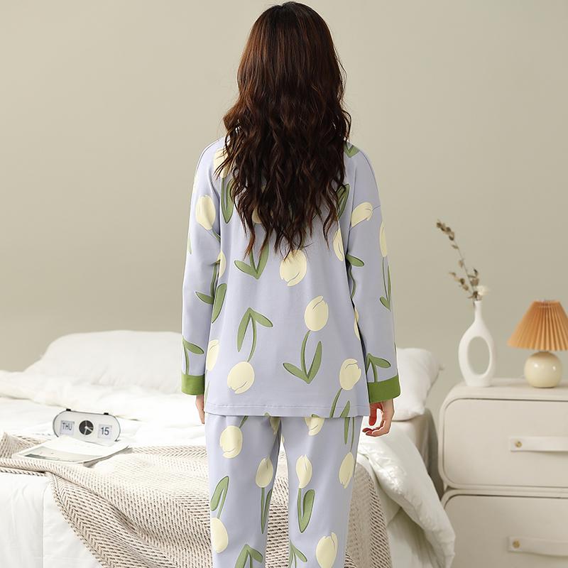 Blue Pajamas Set White Tulip Sweet Long Sleeves Long Pants Autumn Winter Cute Sleepwear Cozy Pyjamas Soft Pijamas Lady Pjs Girls