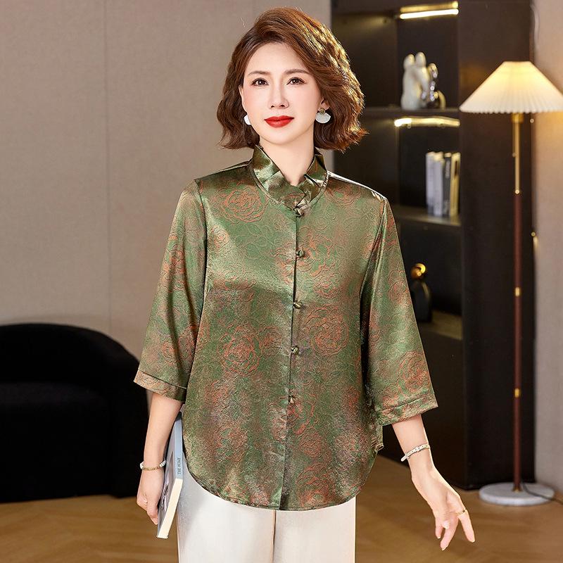 

2026 Elegant Summer Retro Chinese Style: Versatile Slimming Casual Wear for Mothers 2XL (105-120 lbs) зелений