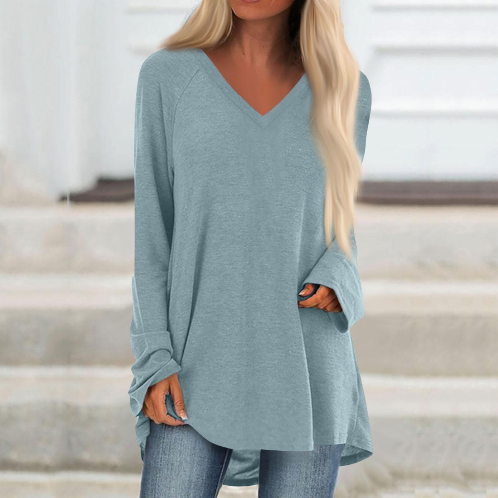 Women s And Winter Long Sleeved V-neck Color Casual Long Loose T-shirt Top XXXL