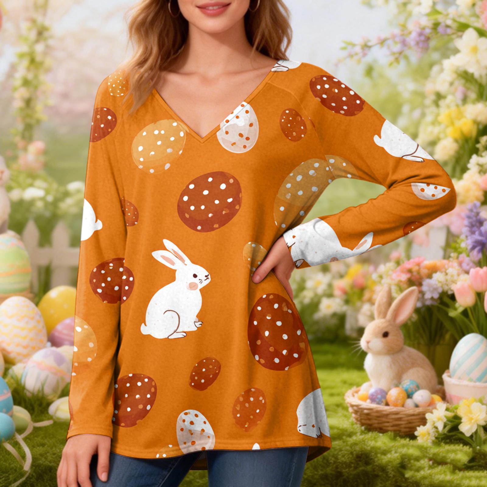 

Women s Fashionable Casual Long-Sleeved Easter Print V-Neck Mid-Length Top XXXL шафрановий