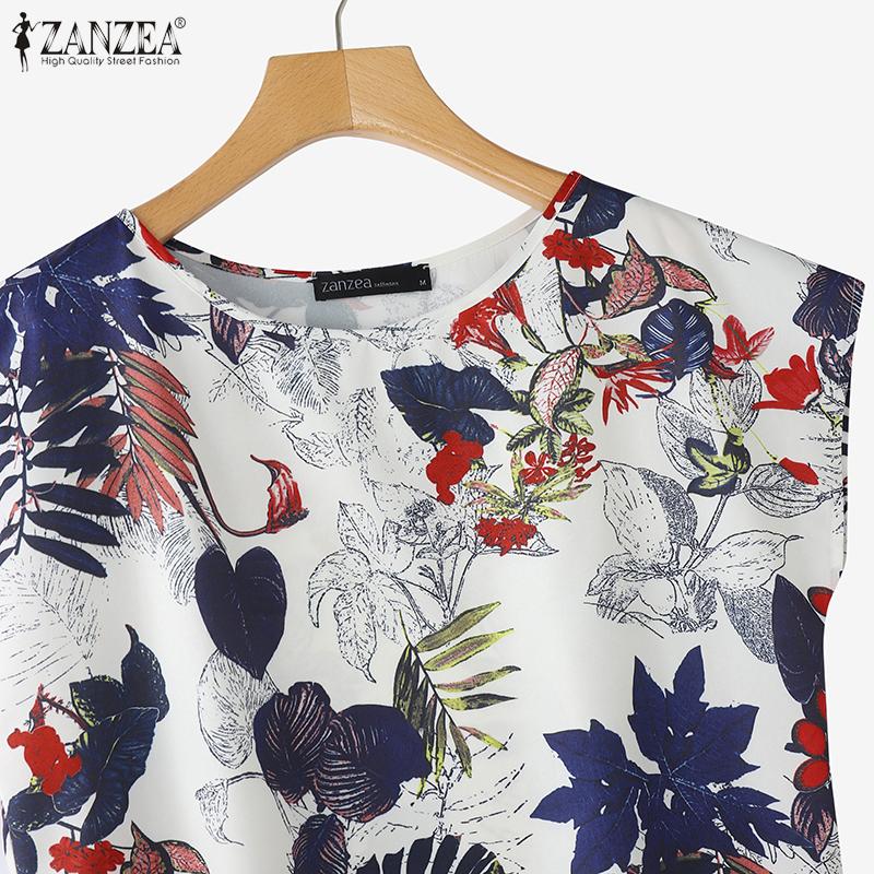 ZANZEA Women Casual Loose Round Neck Short Sleeve Print Blouse