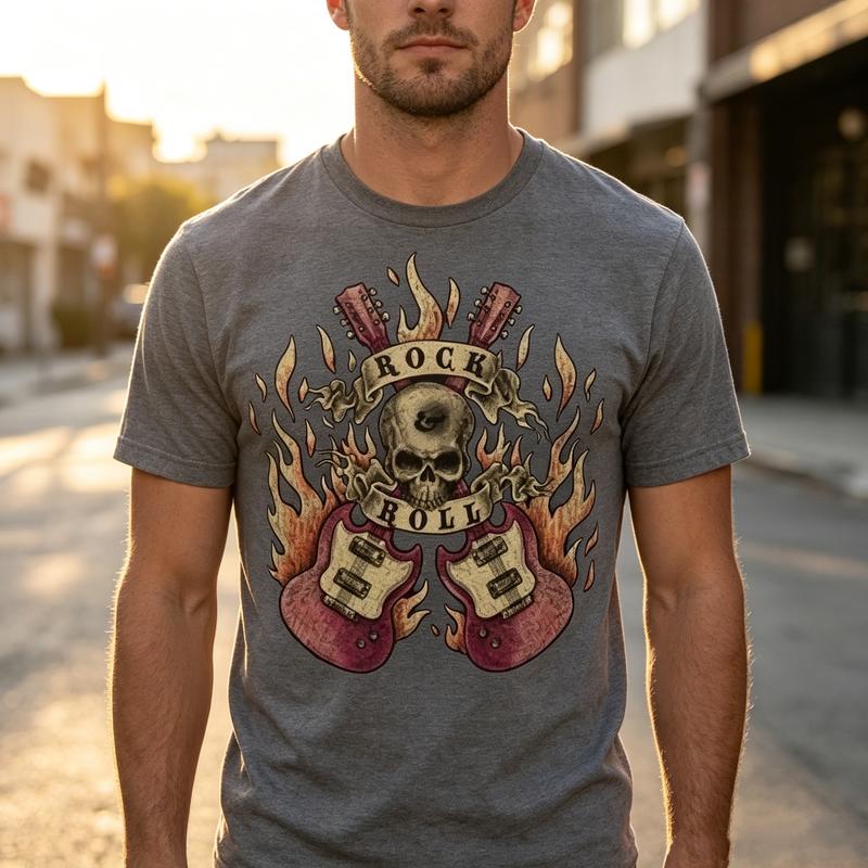 Vintage Rock Music Tee Guitar Skull Flame Print Unisex Unisex Cotton Short Sleeve Trendy Streetwear Gift For Band Concert Fans