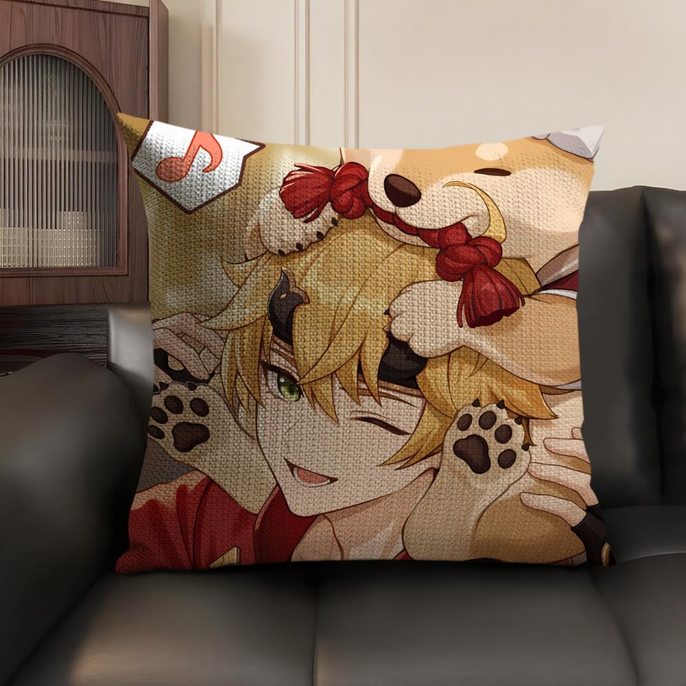 Thoma Genshin Impact Cute Cushion Cover Natural Linen Organic Fabric Double-Sided Printing Sofa Home Decor Gift Pillow Case