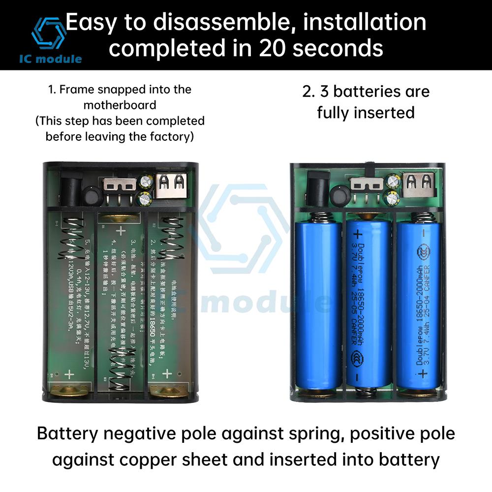 Scatola Batteria DIY Tandem Senza Saldatura con Interruttore per Cellulare Router WiFi Luce LED, Doppia Uscita DC 5V 12V, 3 Batterie 18650